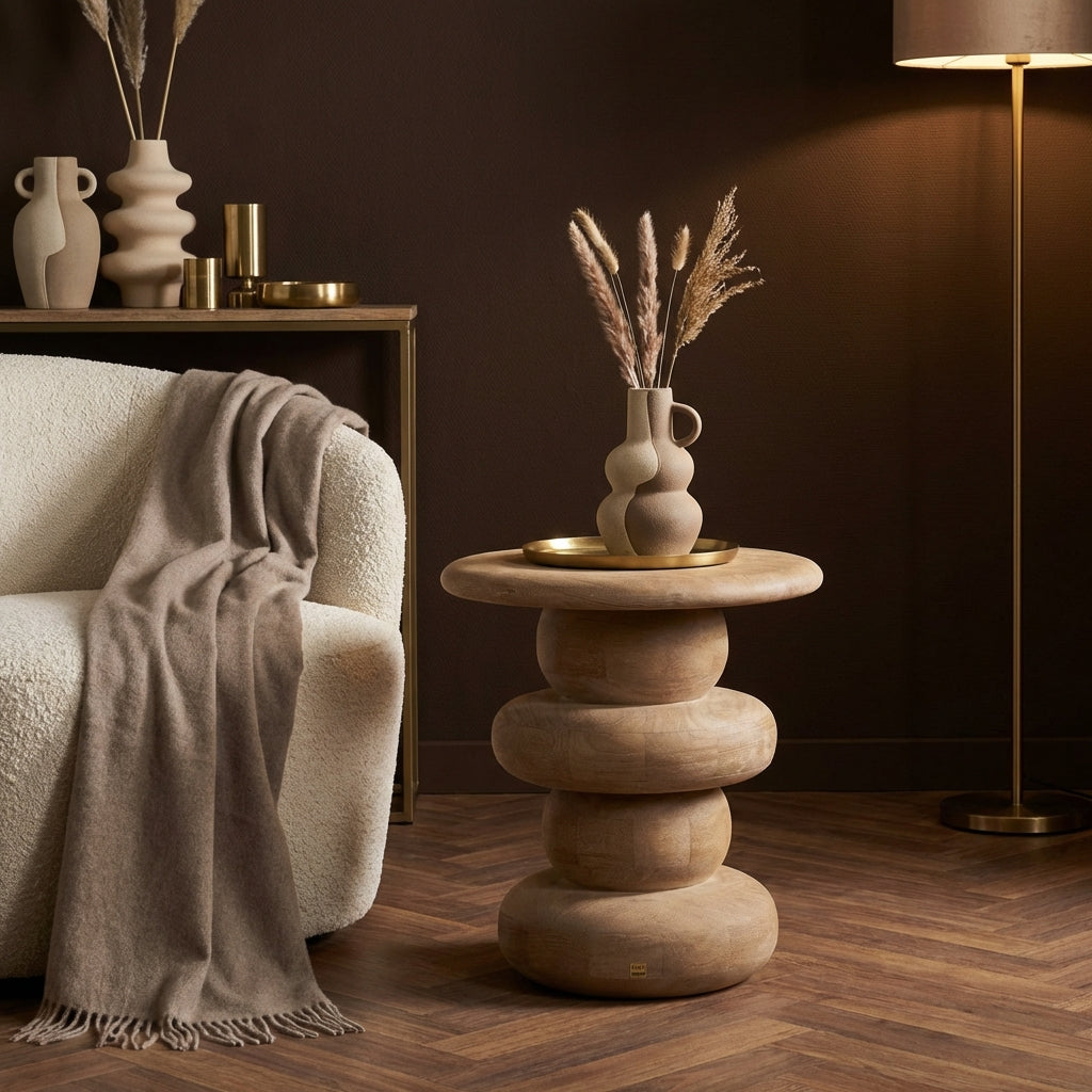 Keven Natural mango wood ribbed sidetable round