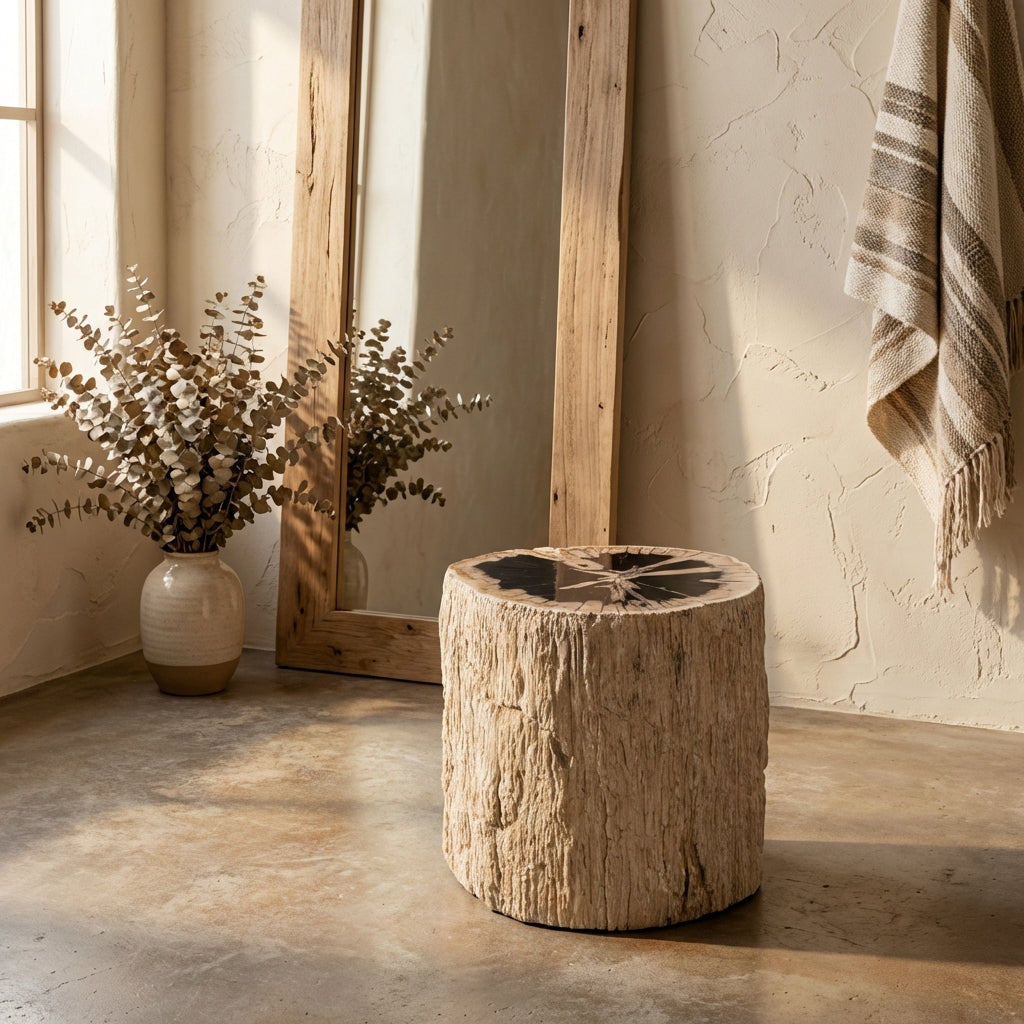 Taly Natural petrified wood round stool fiberglass