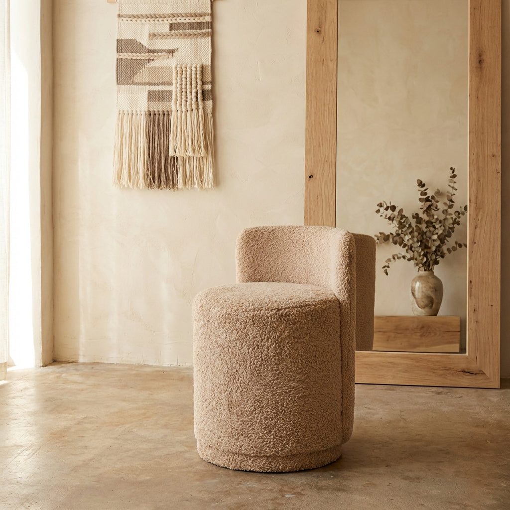 Brandon Beige fabric round pouf with backrest