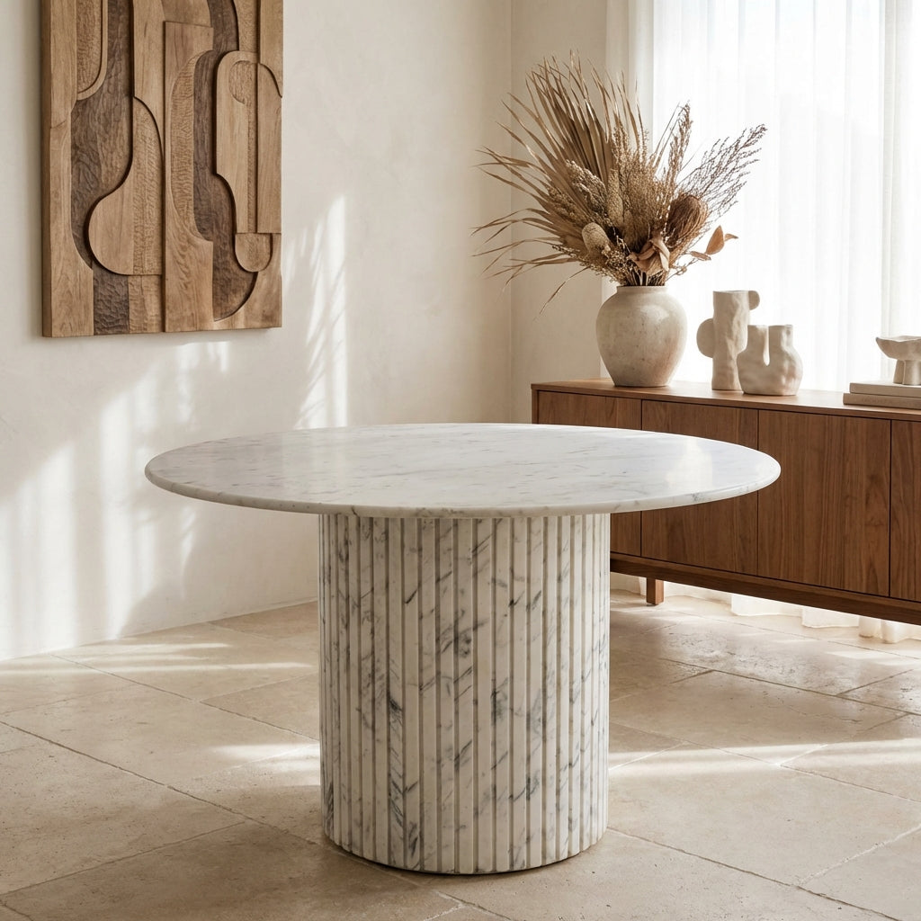 Neelim White Marble dining table ribbed base round