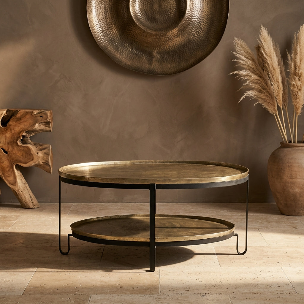 Kae gold oval alu black Iron coffee table 2 layers