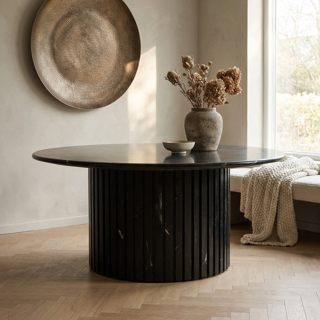 Neelim Black Marble coffee table ribbed base round