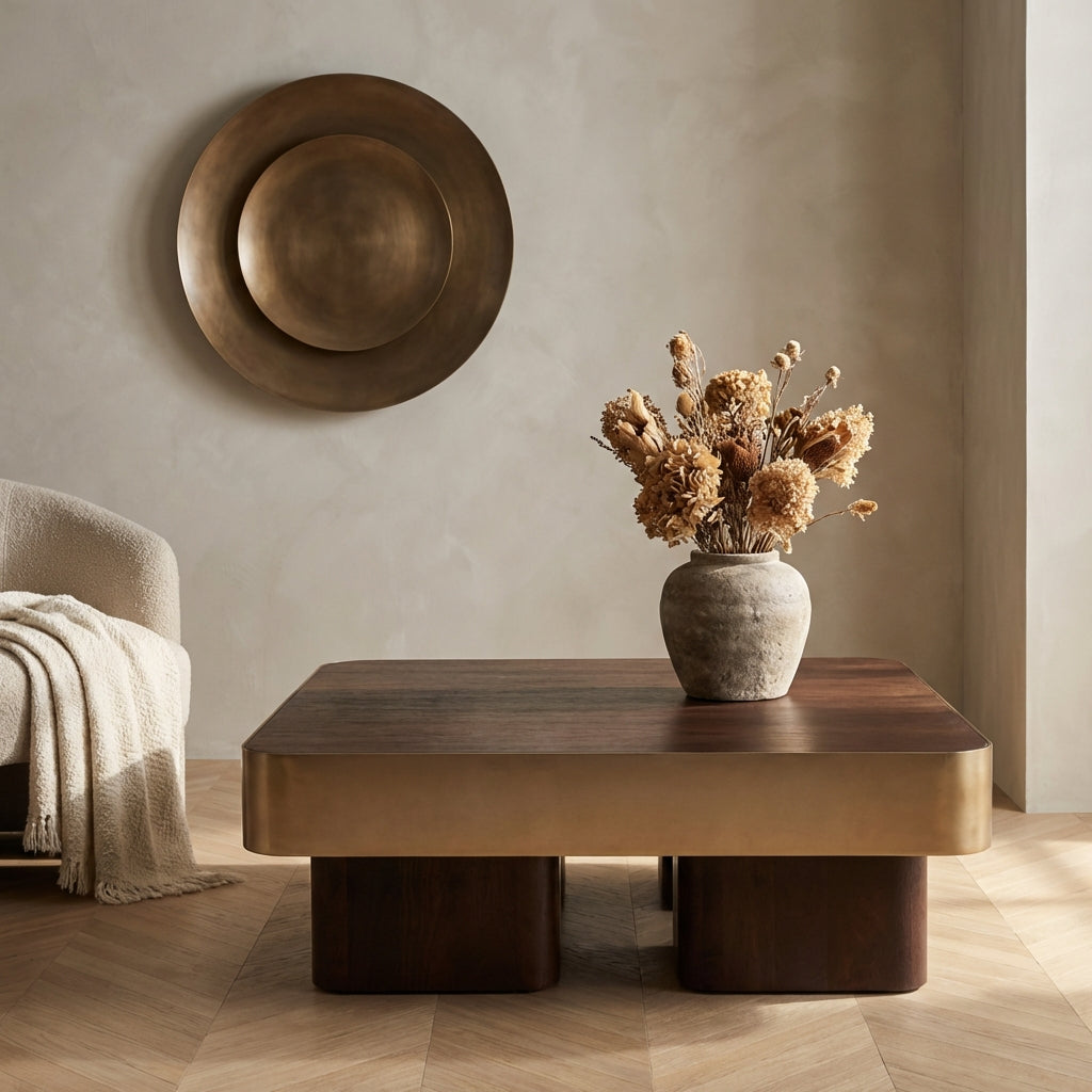 Warren Coffee Table 90x90x31 brown wood gold metal