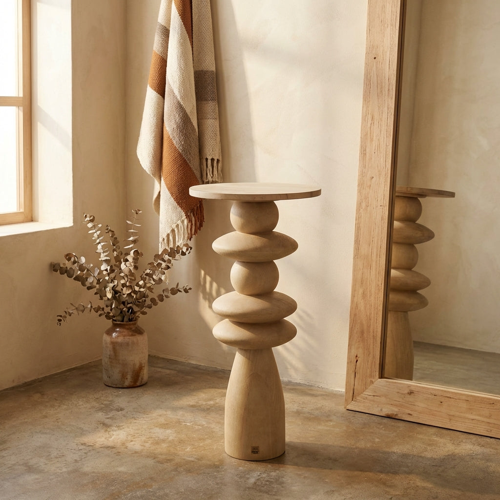 Callain Natural mango wood side table marble rnd L