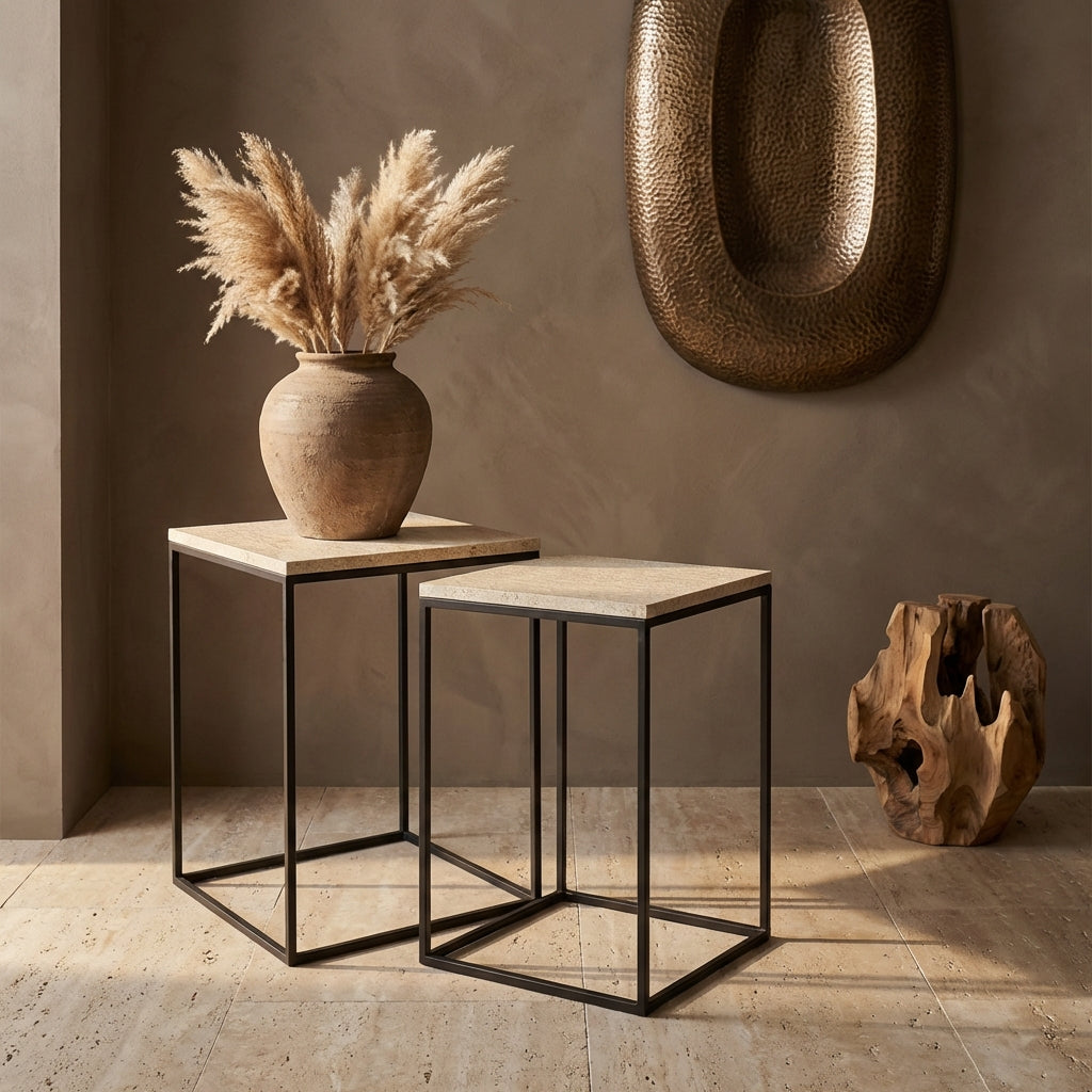 Volos set of 2 side tables beige marble