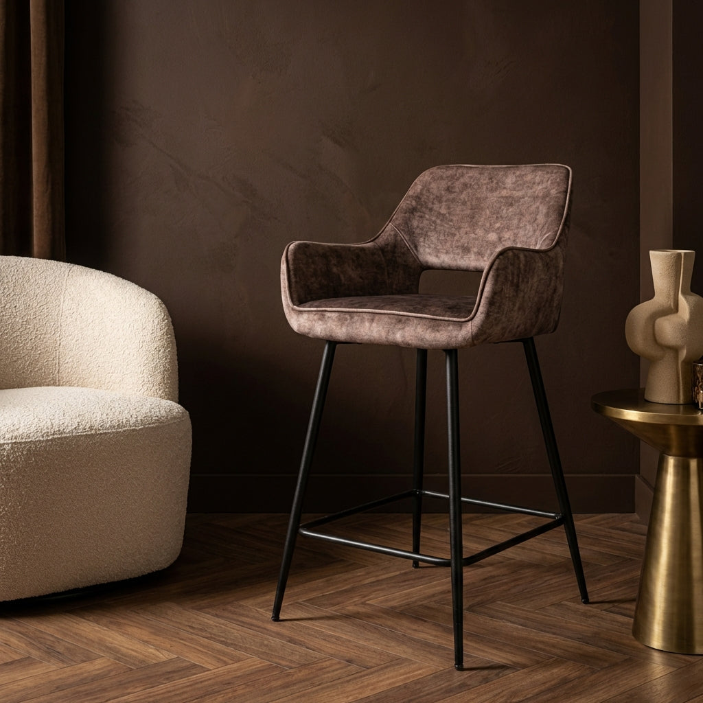 Fal LOW Velvet Brown bar stool black metal leg