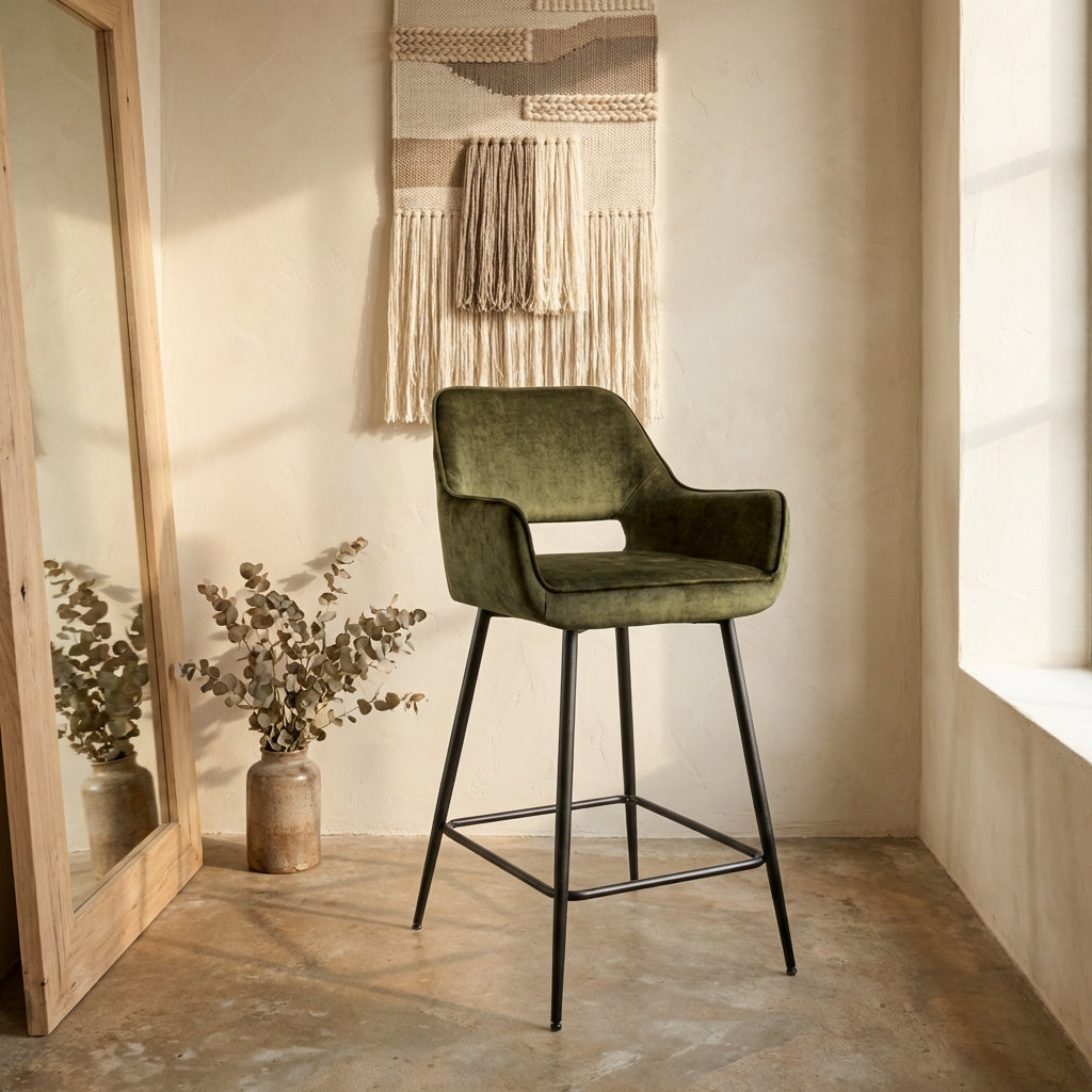 Fal LOW Velvet green bar stool black metal leg KD