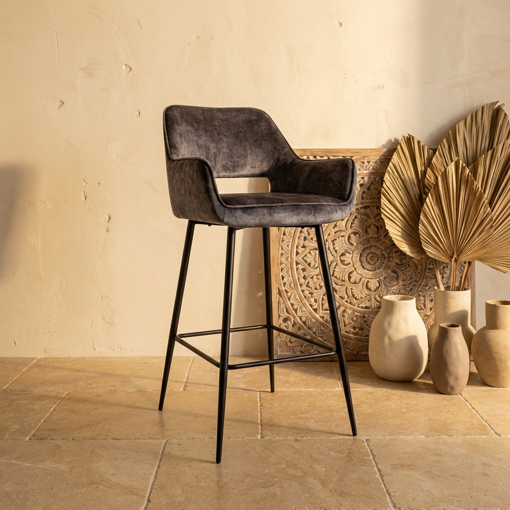 Fallon Velvet anthracite bar stool black metal leg