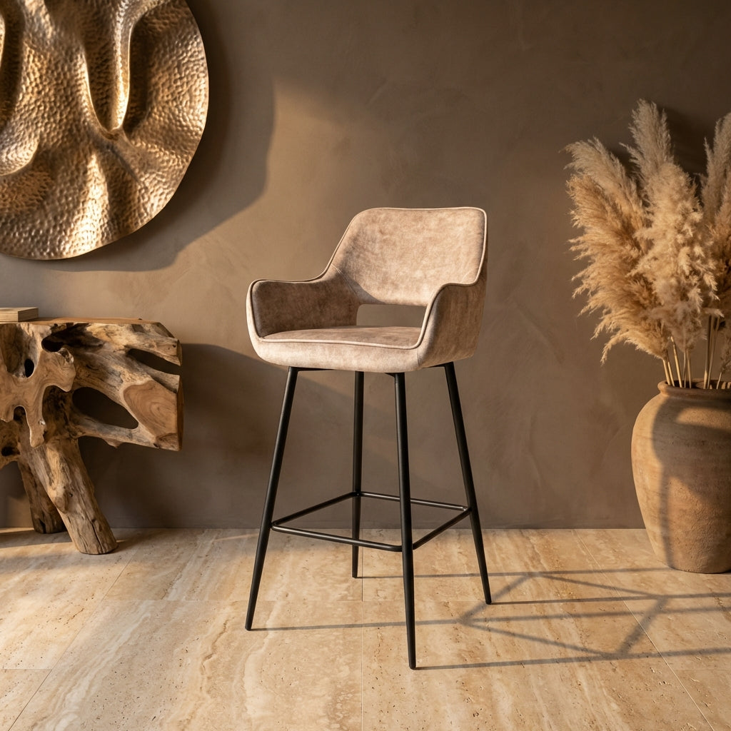 Fallon Velvet Khaki bar stool black metal leg KD