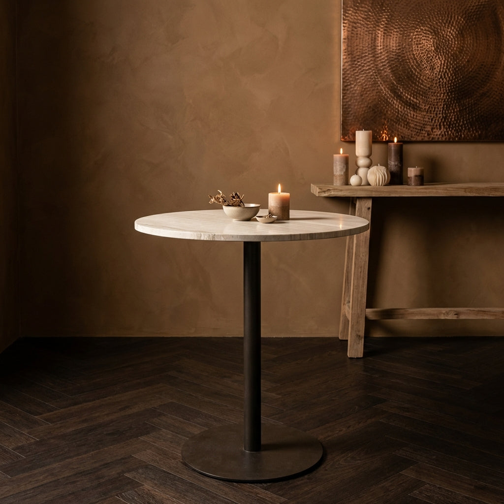 Plaza bistrotable round white marble taupe base