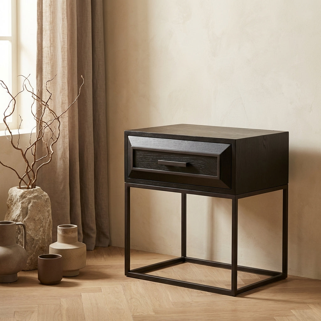 Lixly Black wood iron frame bedside cabinet