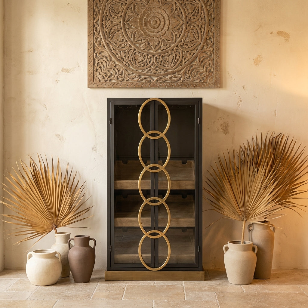 Riho Black metal wine cabinet low smoky glss doors