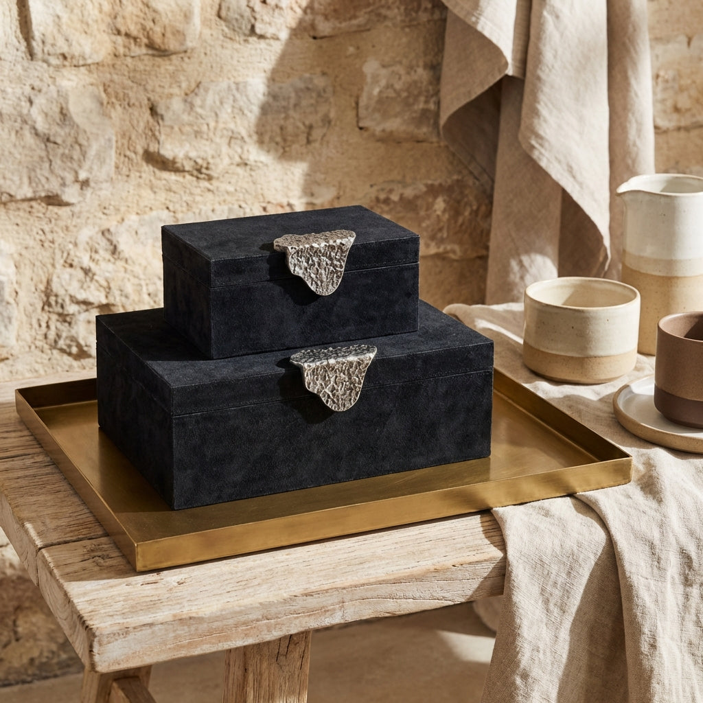 Hazael Black suede box silver handle set of 2
