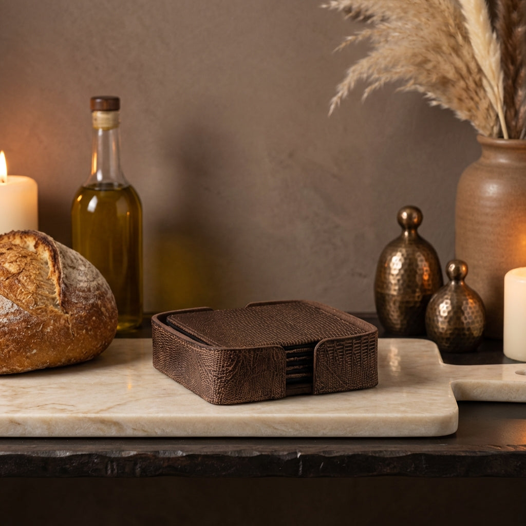 Rafal Bronze vegan leather coaster square 6 PCS