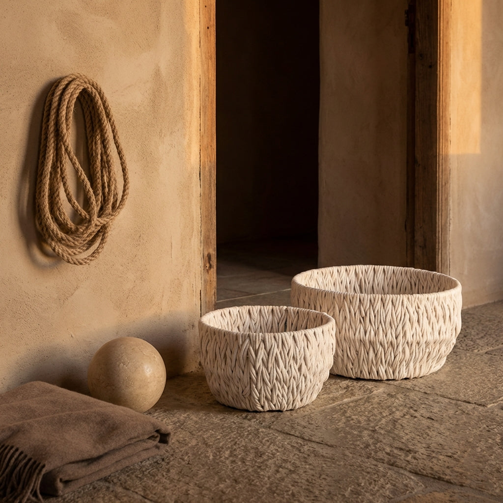 Elliot White linen rope round basket wide SV2