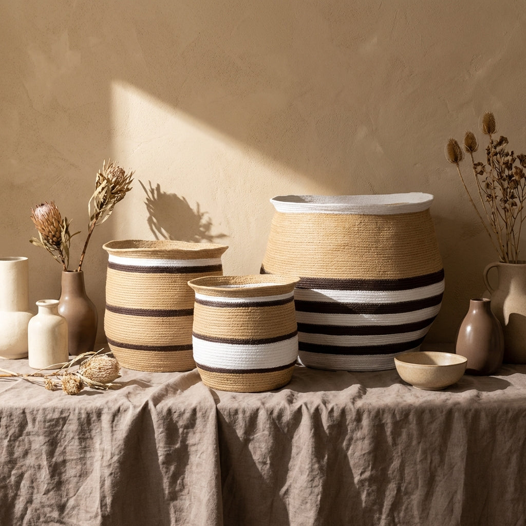 Melano Brown paper rope round basket w lines SV3