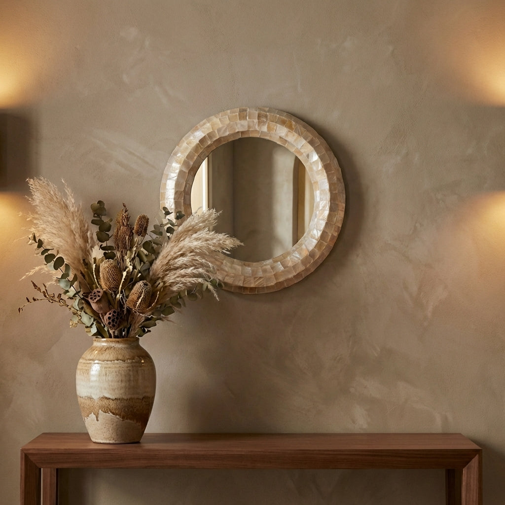 Chelsae Cream poly round shell mirror small