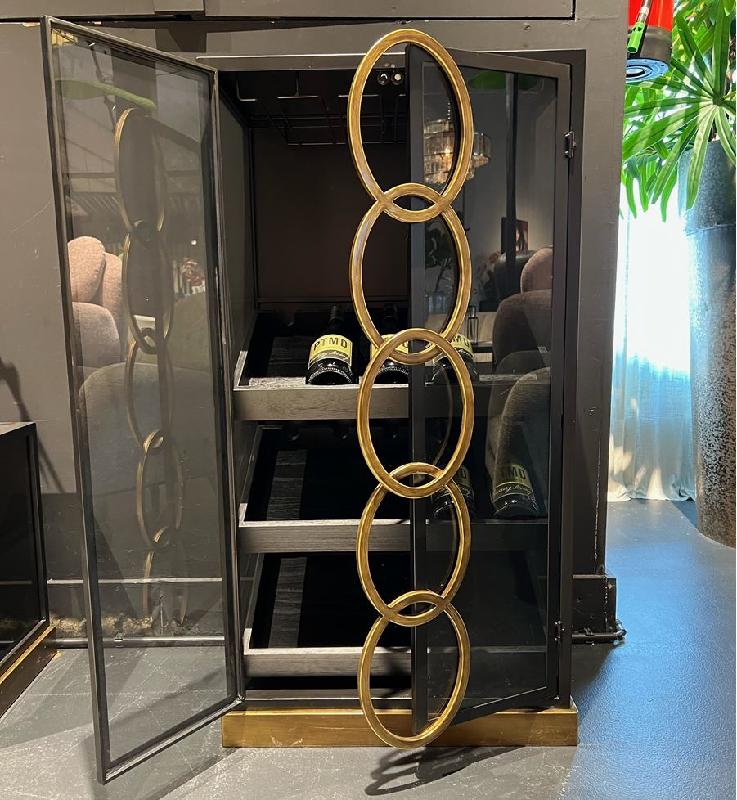 Riho Black metal wine cabinet low smoky glss doors