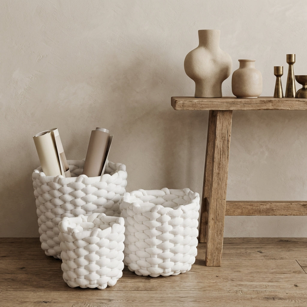 Olliver White velvet rope basket no handles SV3