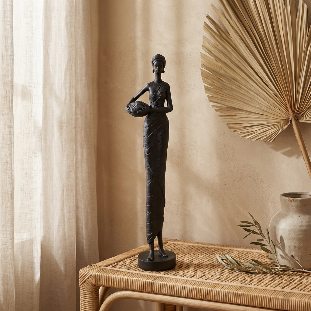 Rafah Black poly woman statue holding pot low