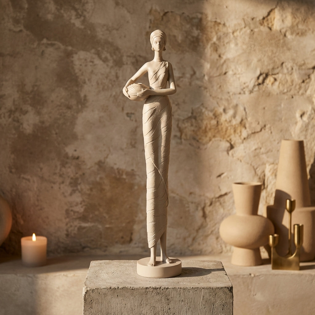 Rafah Clay poly woman statue holding pot low