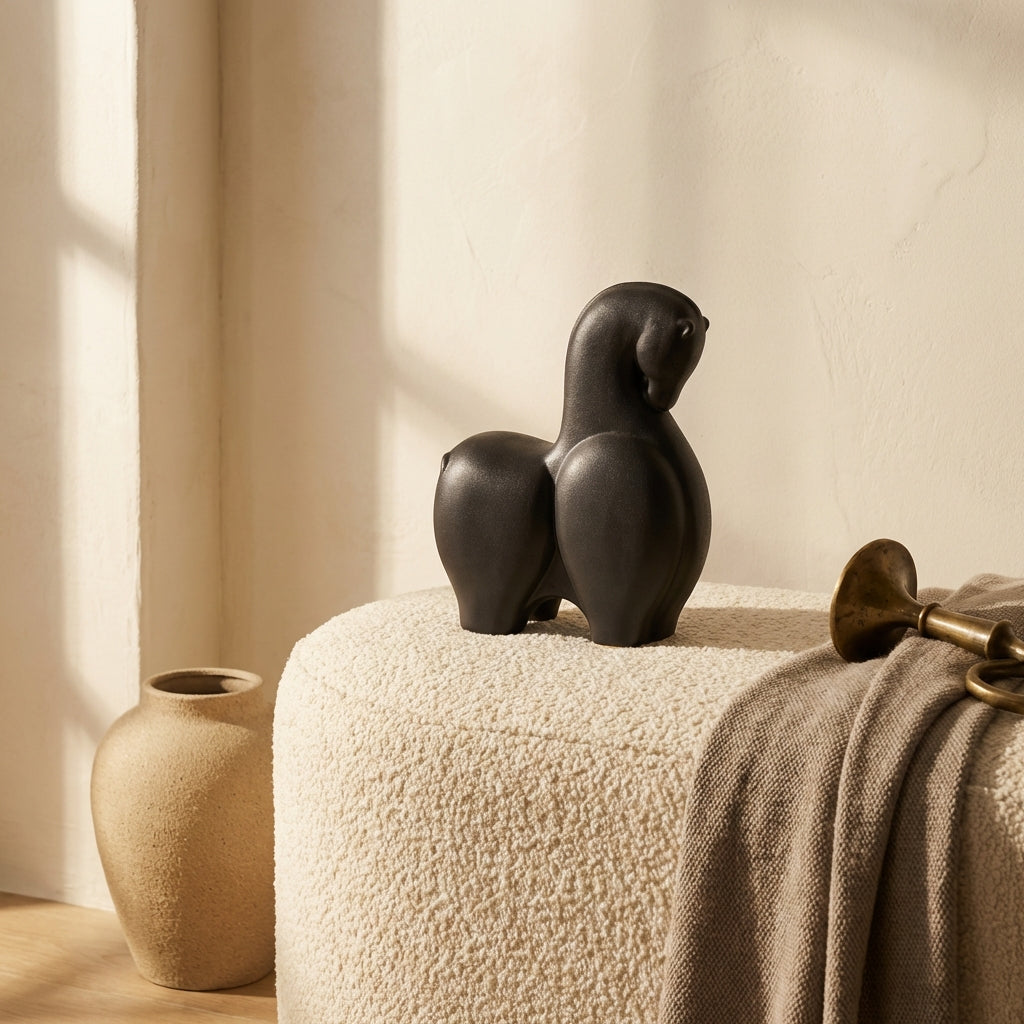 Honore Black horse shaped ceramic statue head down
