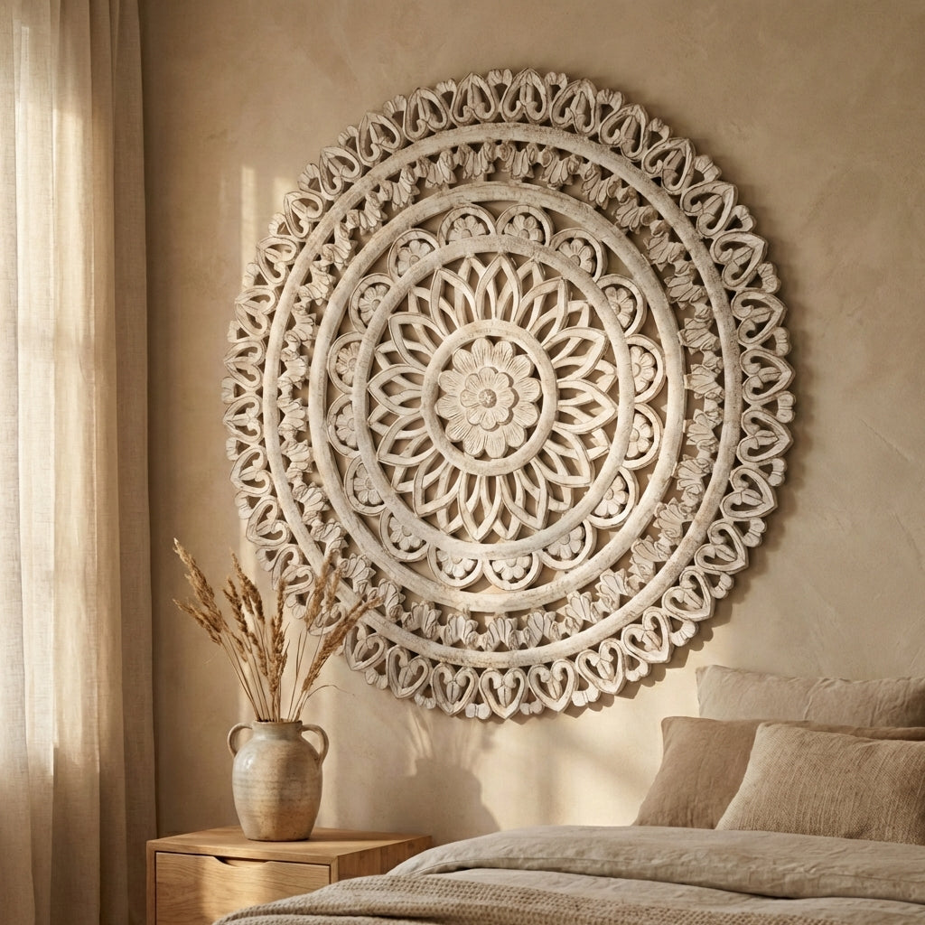 Farris Cream round mdf wall panel carved L