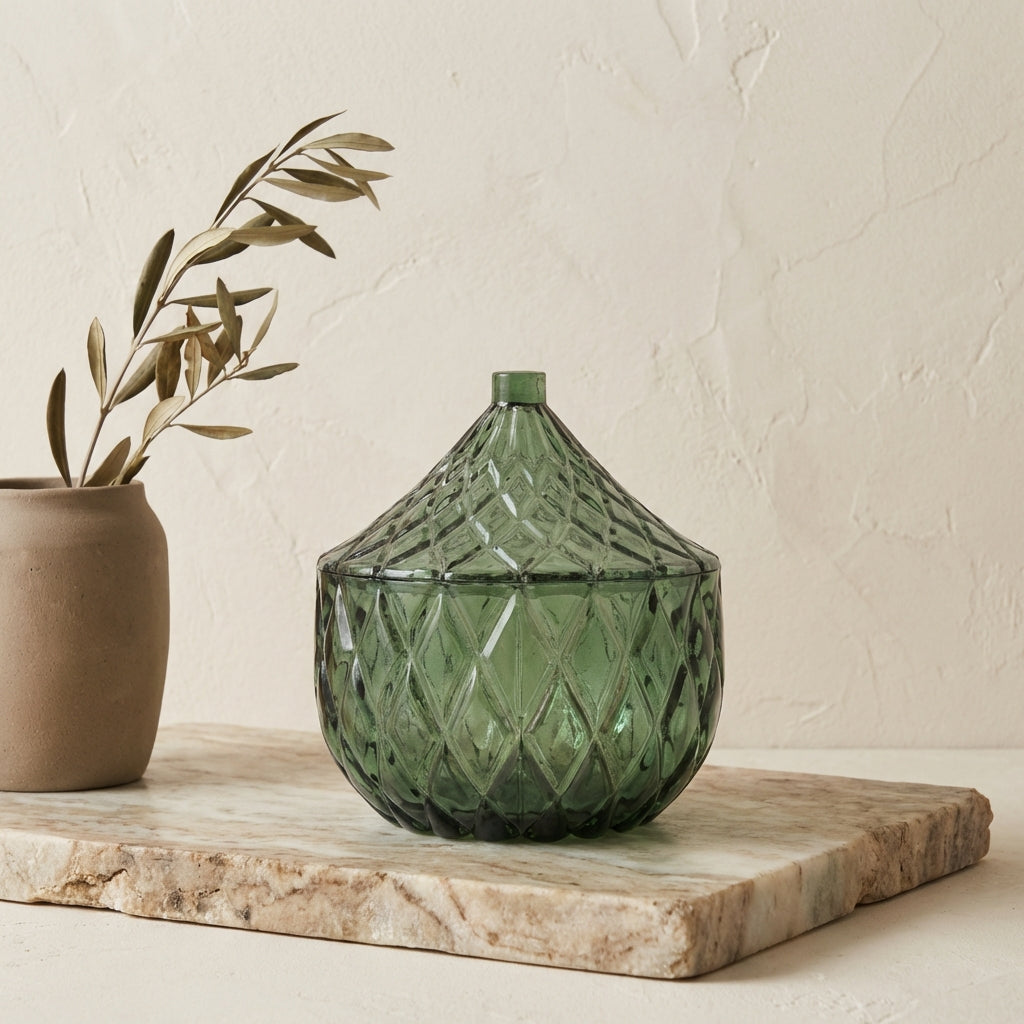 Delali Green glass storage box diamant pattern L