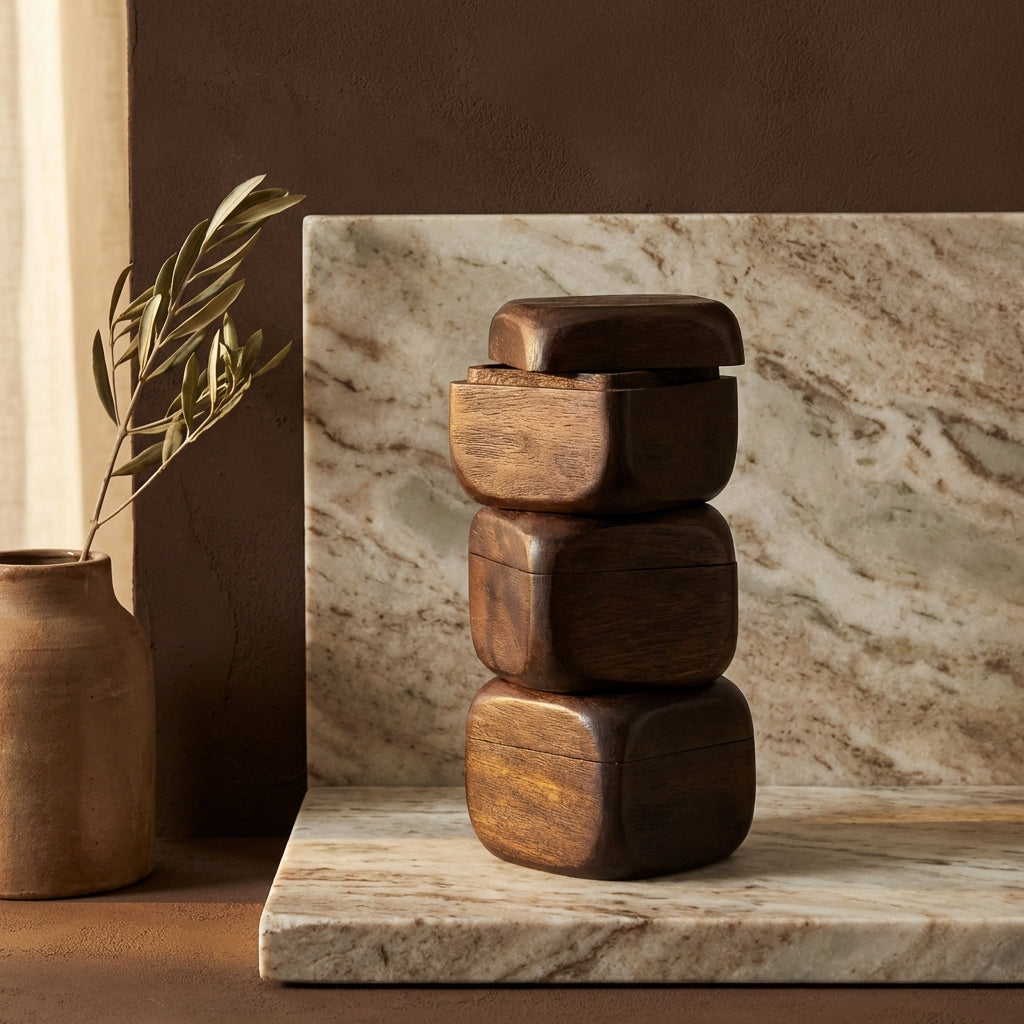 Kiasty Brown mango wood cube shaped storage box M