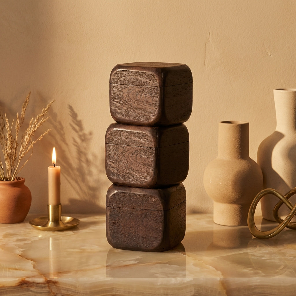 Kiasty Brown mango wood cube shaped storage box L