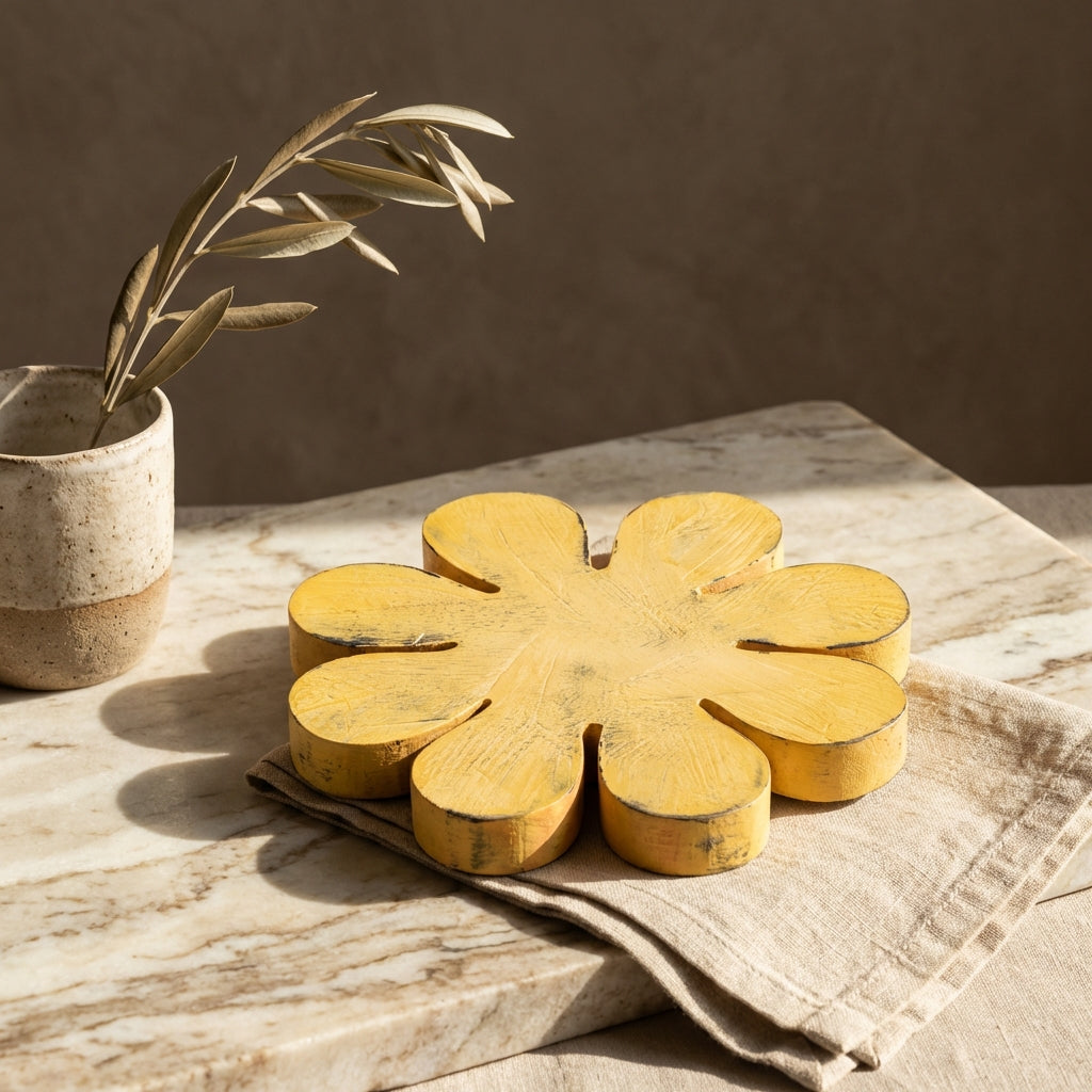 Zaniel Yellow mango wood flower shaped statue L