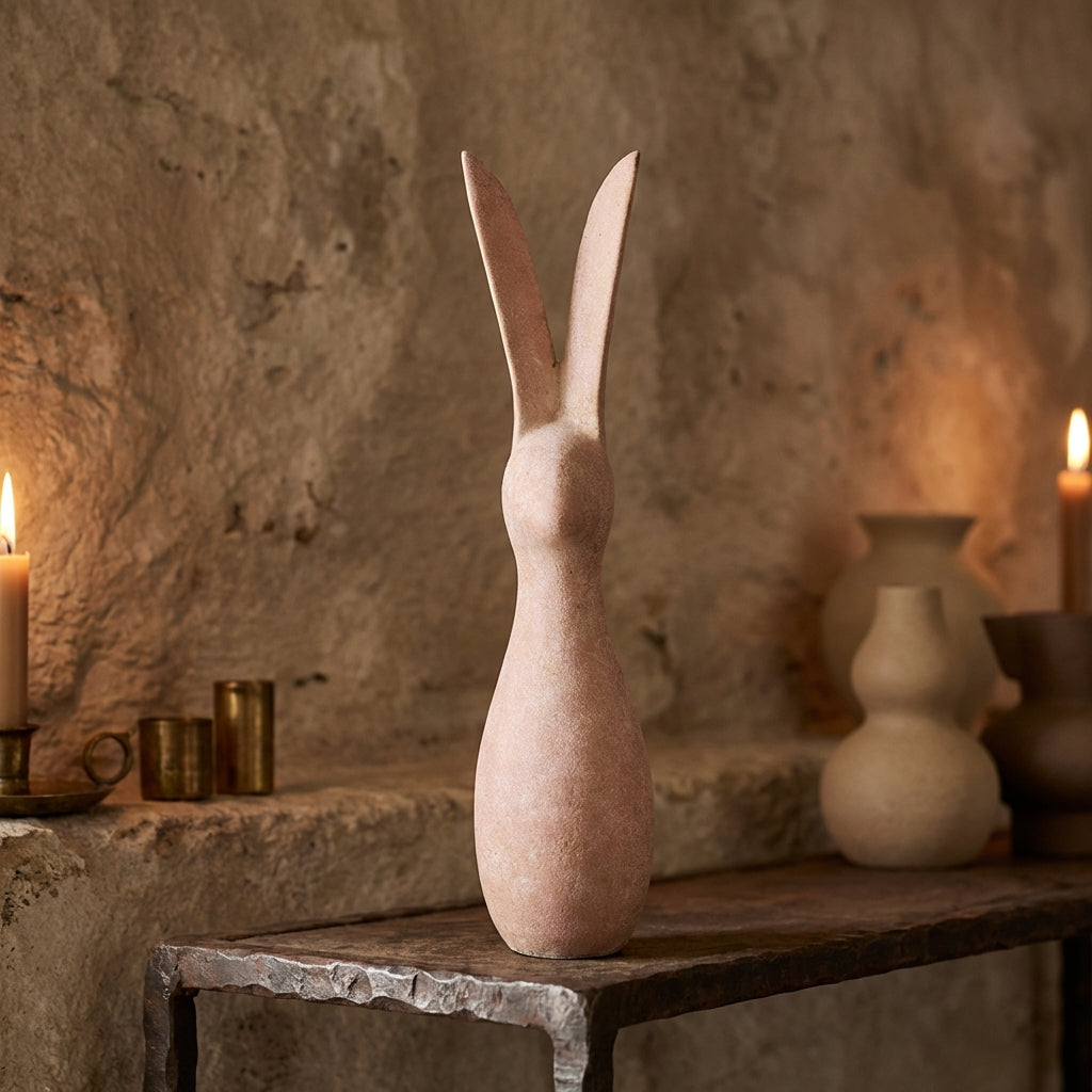Remy Pink cement rabbit shaped statue ears up L