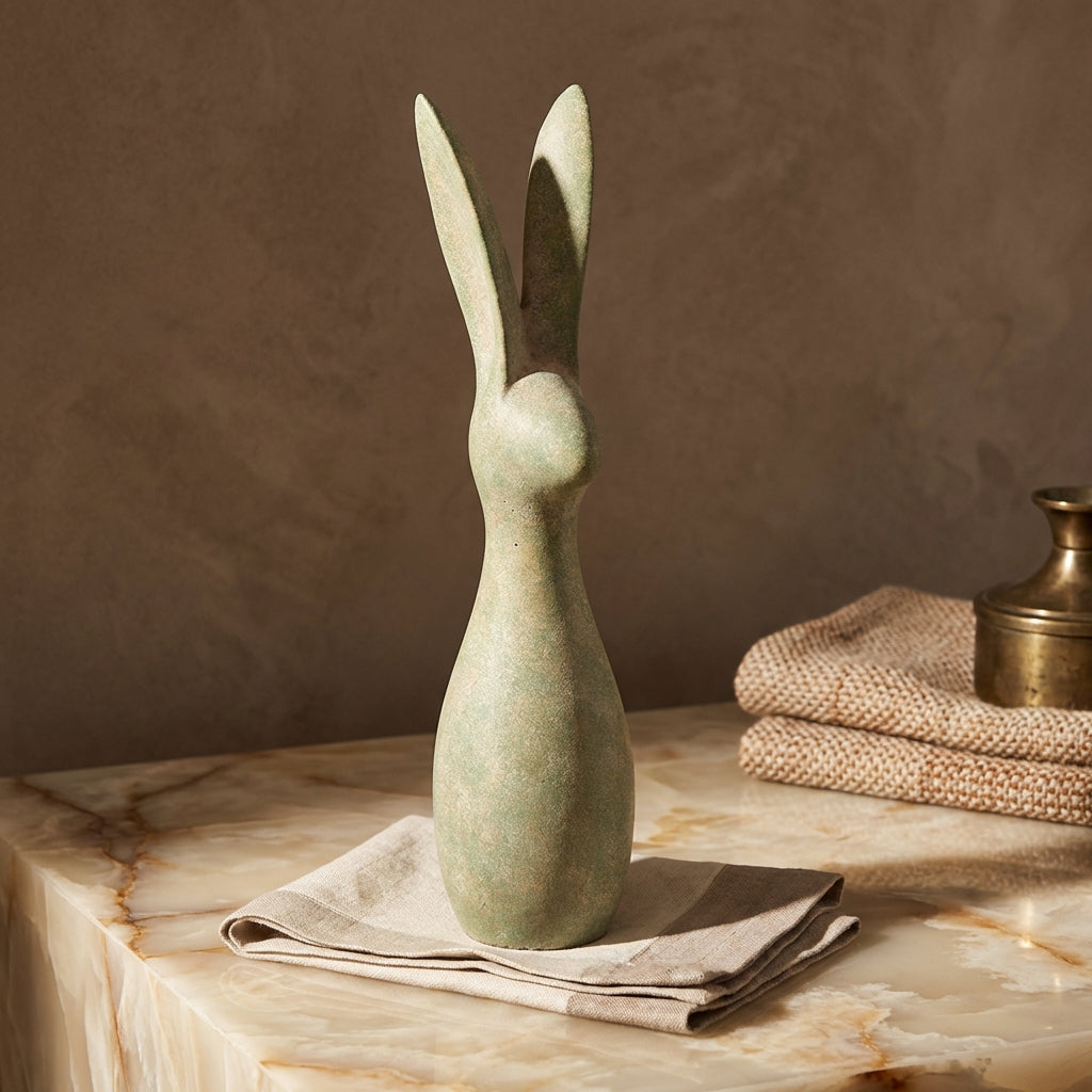 Remy Green cement rabbit shaped statue ears up XL