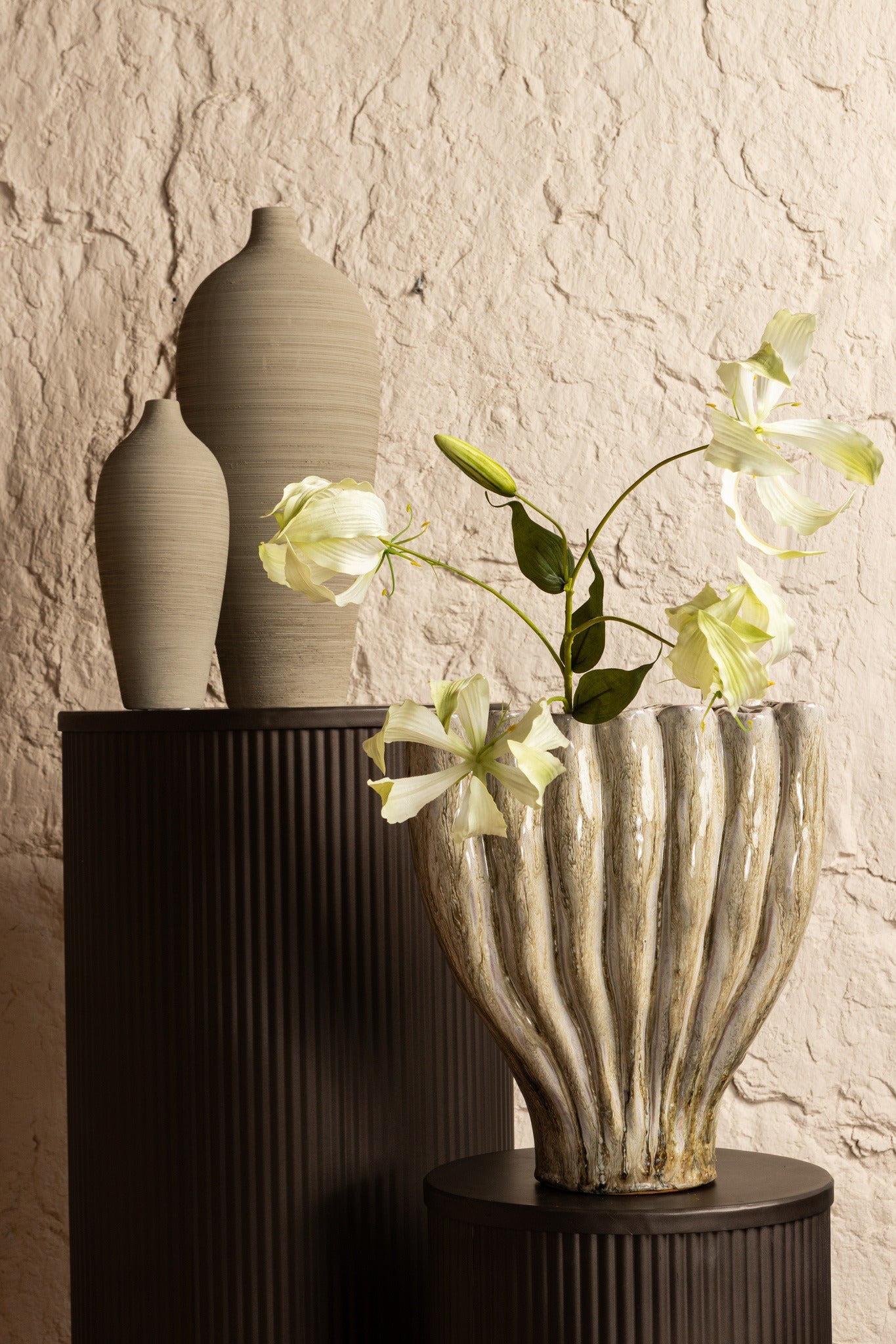Midda Dark Grey steel ribbed pedestal set of 2