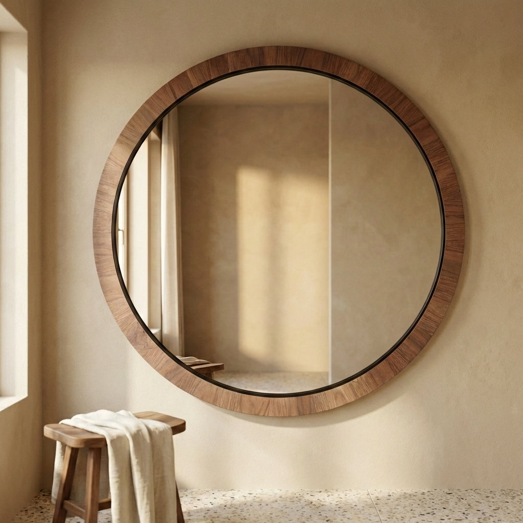 Tiess Natural round wooden veneer mirror large