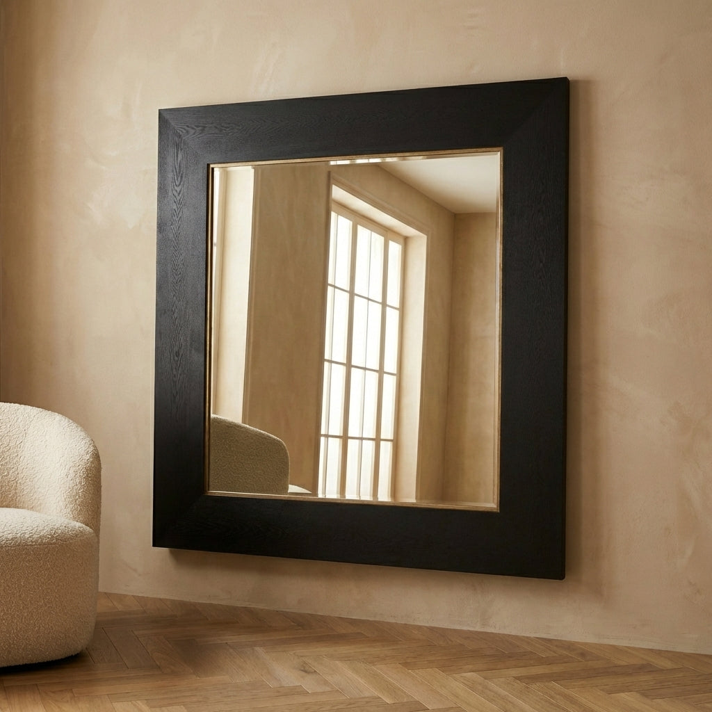 Tiess Black wooden veneer mirror square gold rim