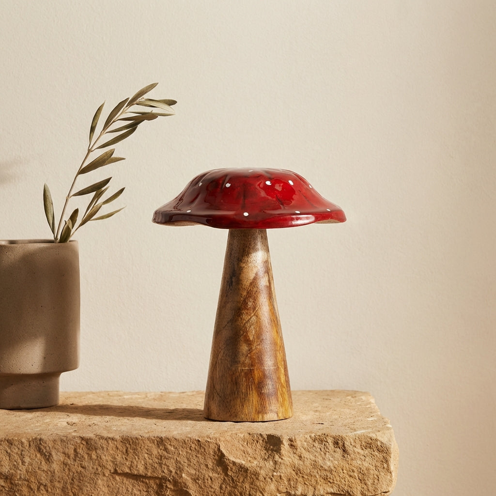 Mellane Red wood mushroom statue white dots M