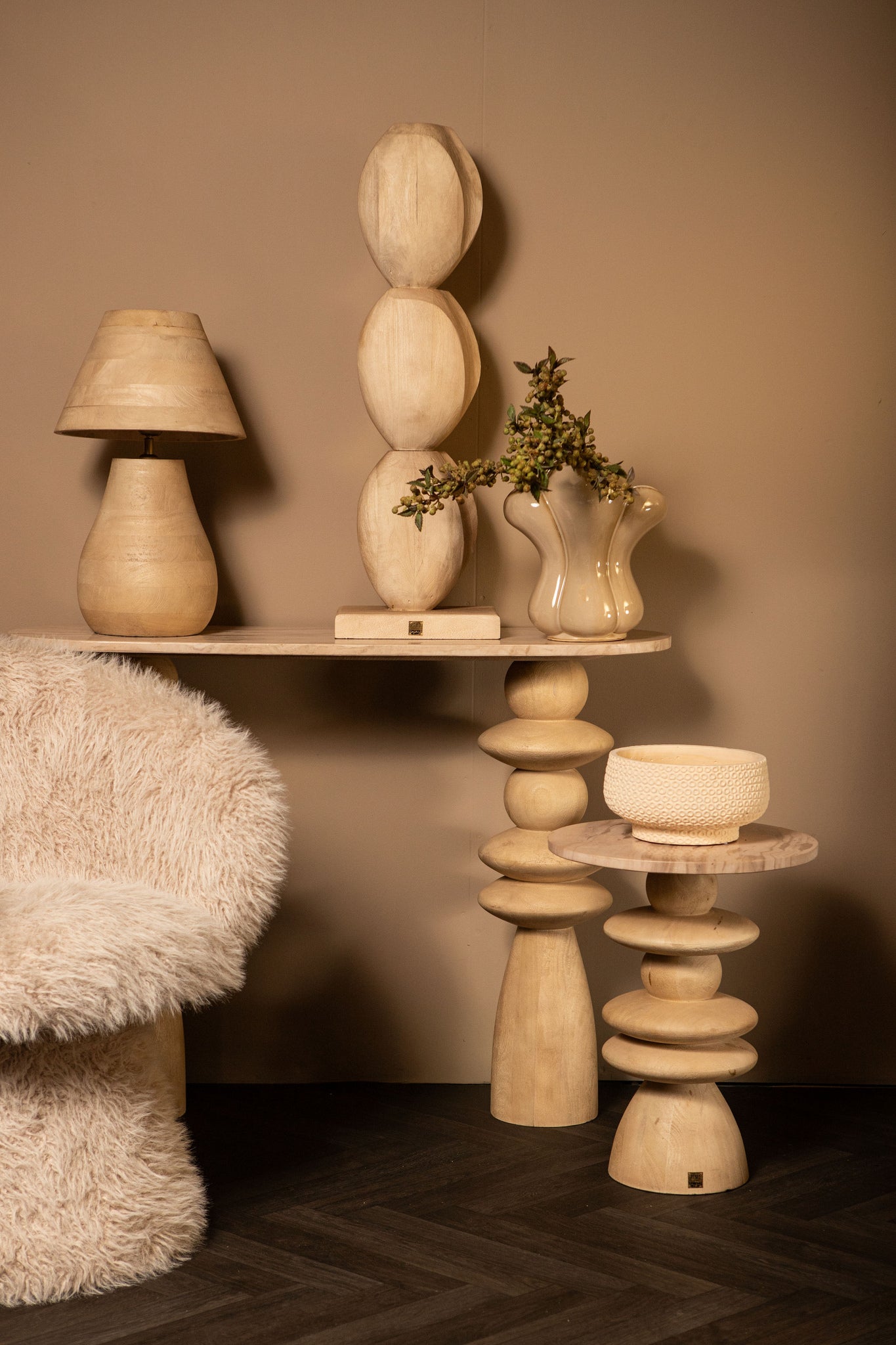 Peake Lampes de table en bois de manguier — Round Table Lamp Low - Naturel