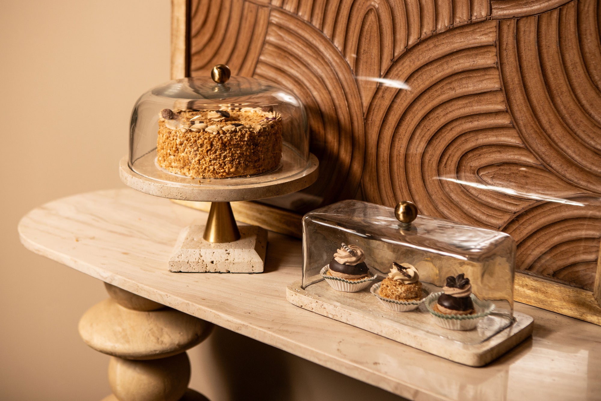 Lyron Natural travertine round glass bell L
