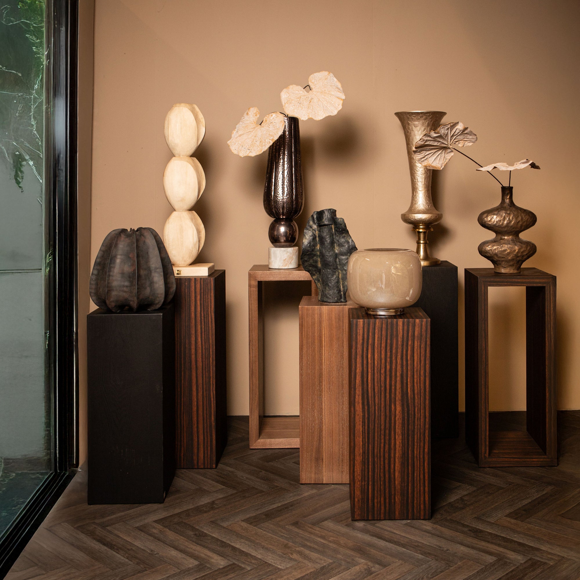 Tiess Natural wooden veneer pedestal set of 2