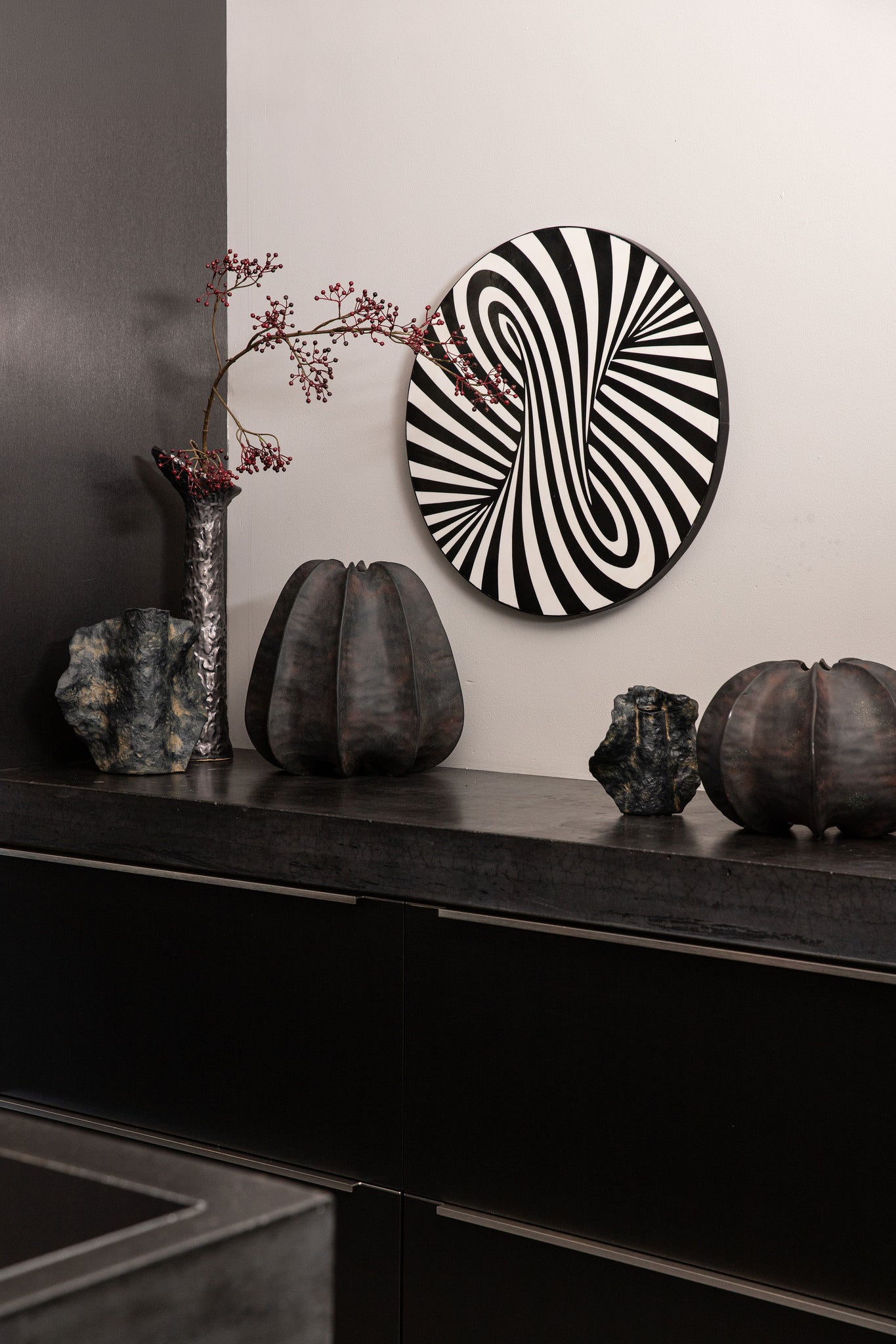 Hallie Black and white wood round wall panel swirl