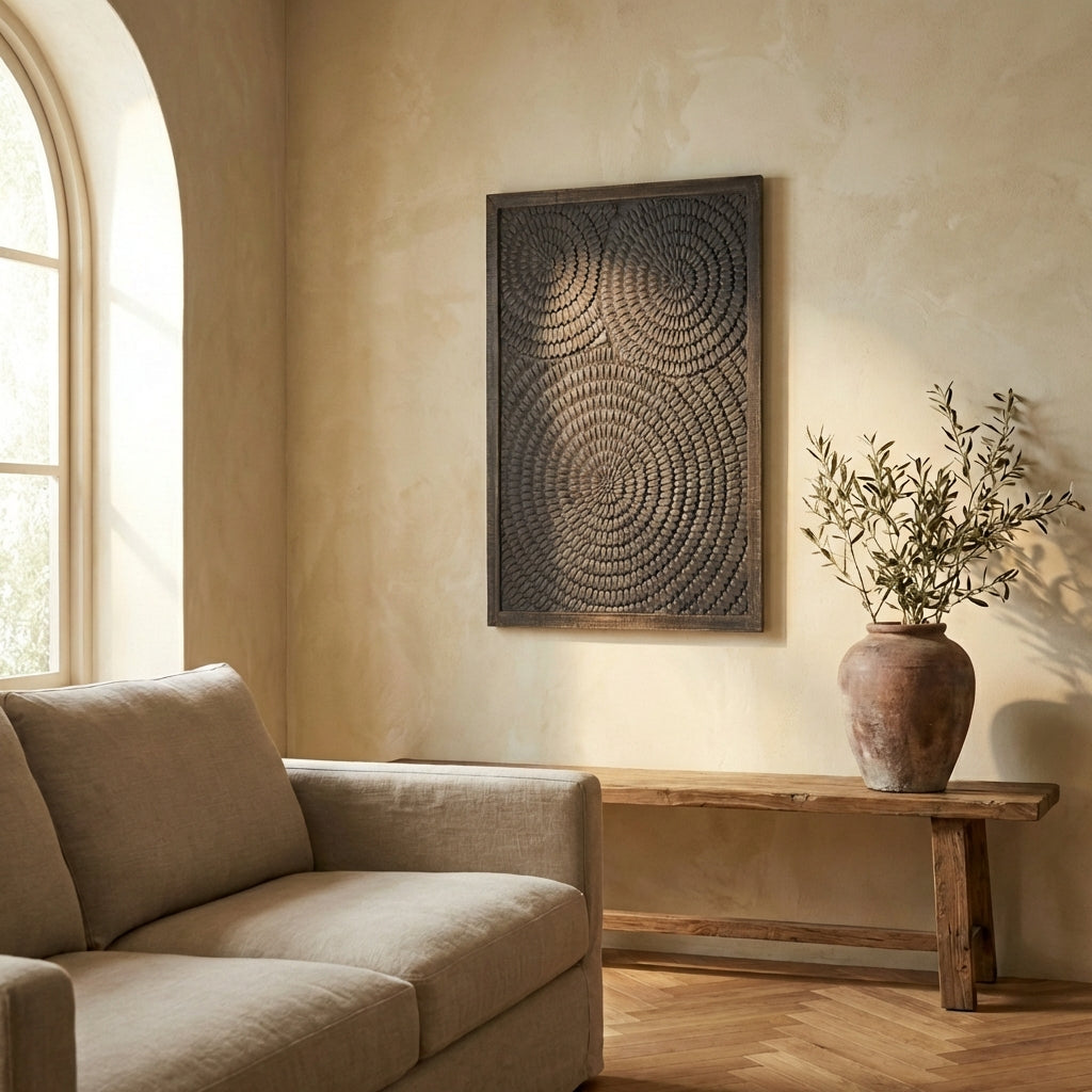 Levya Black wooden rect wall panel round pattern