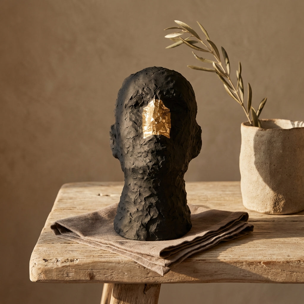 Bertrand Black ceramic head statue with gold nose