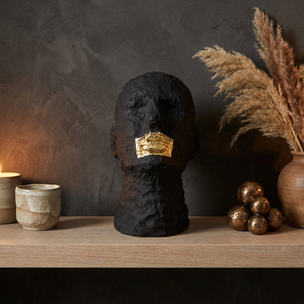 Bertrand Black ceramic head statue with gold mouth