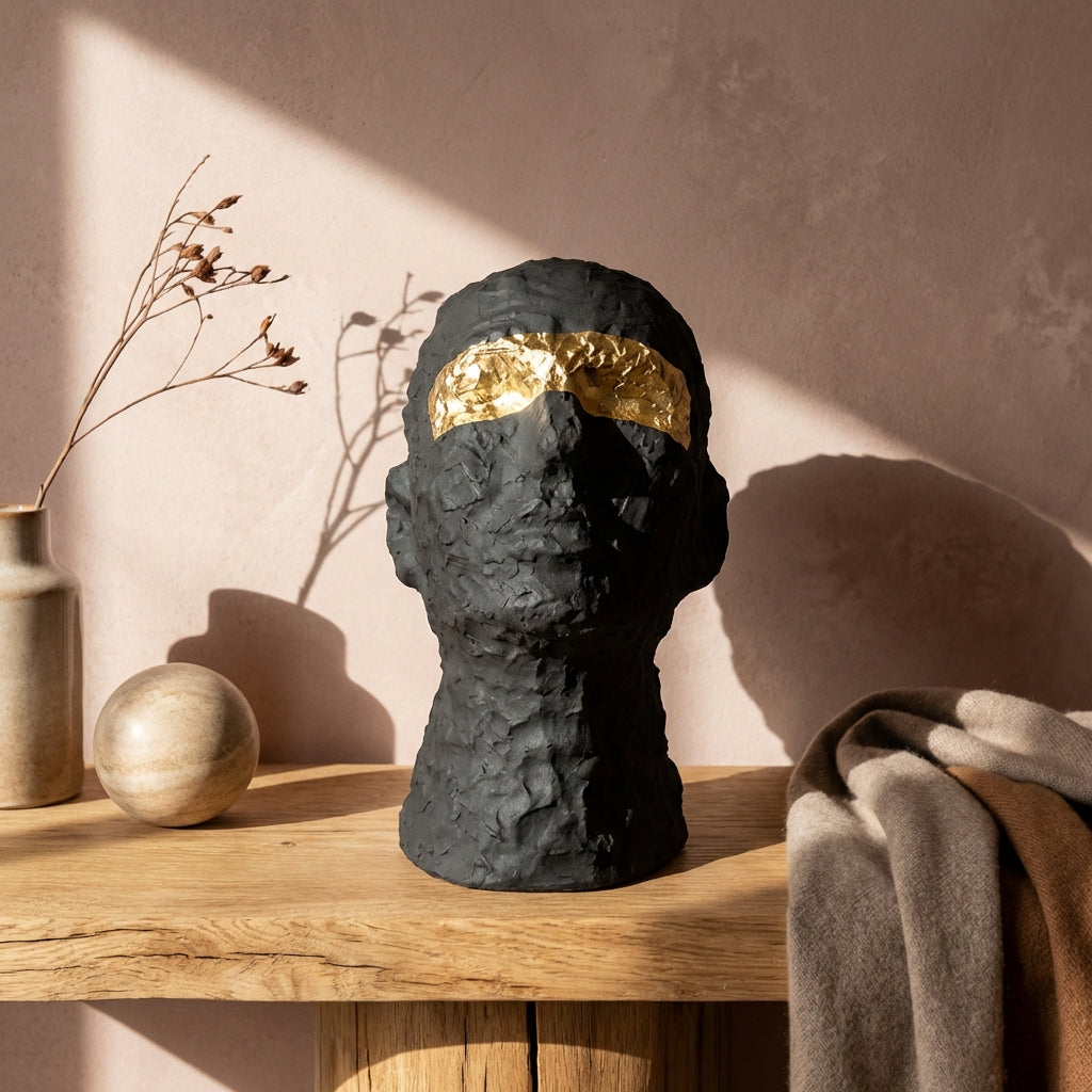 Bertrand Black ceramic head statue with gold eyes