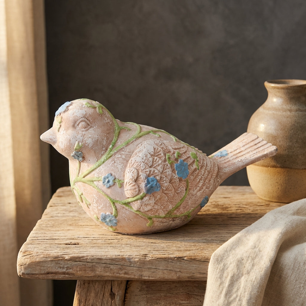 Zanya Cream bird shaped cement statue w flowers L