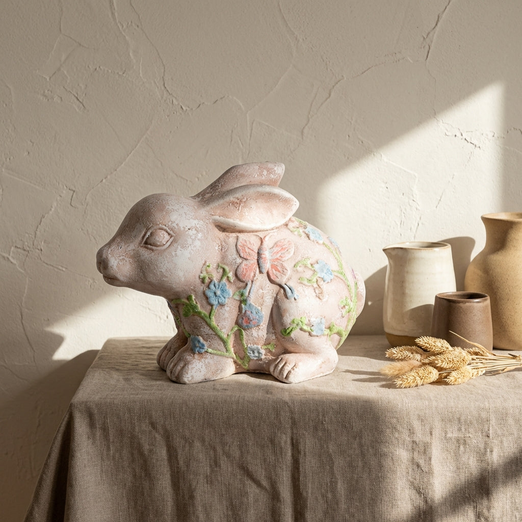 Zanya Cream rabbit shaped cement statue w flowersS