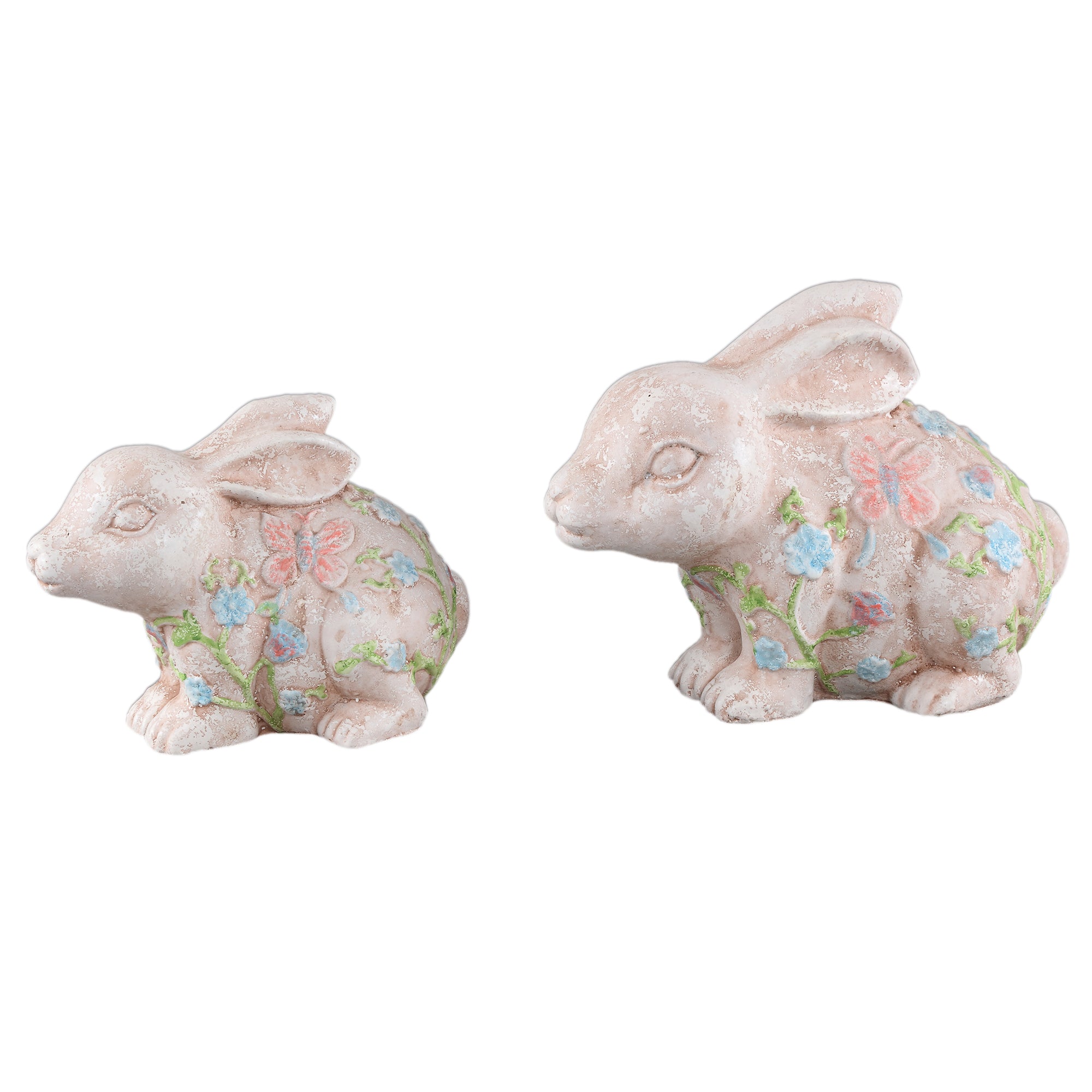 Zanya Cream rabbit shaped cement statue w flowersL