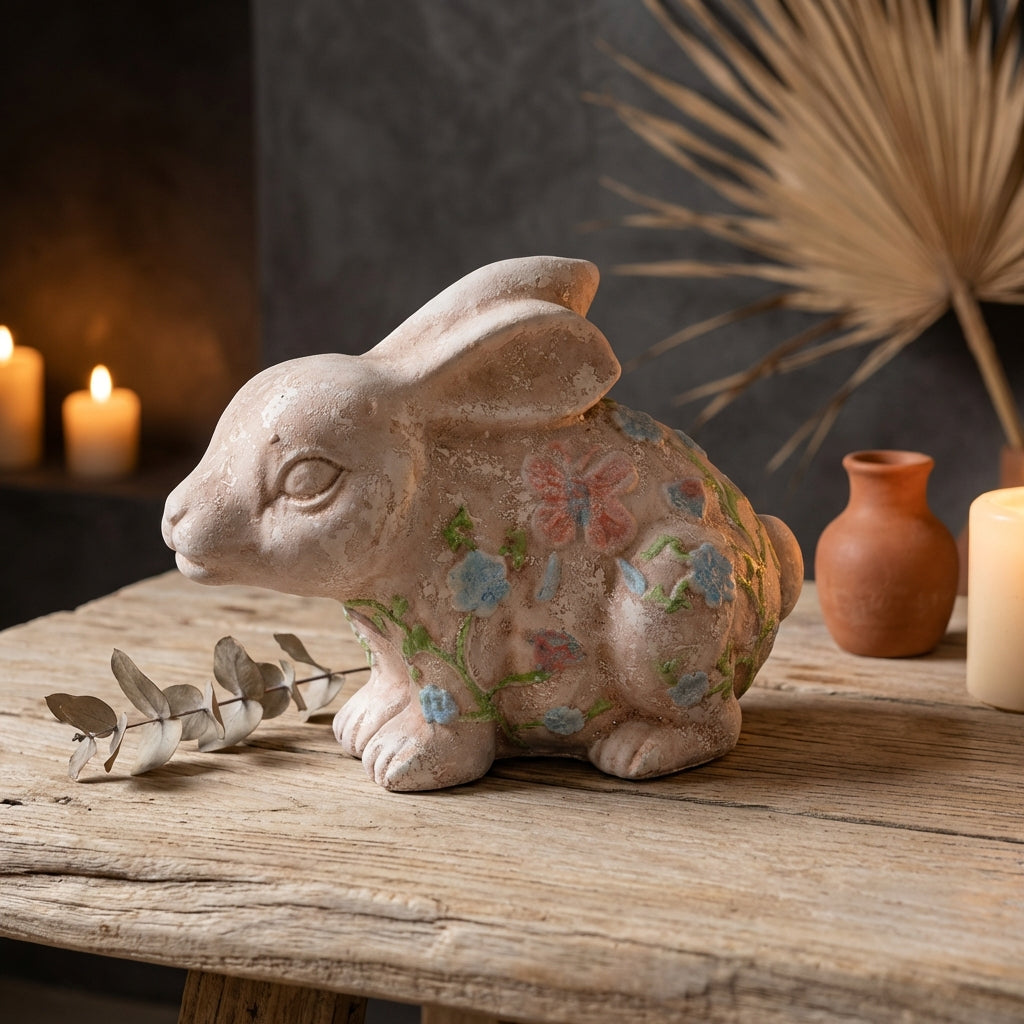 Zanya Cream rabbit shaped cement statue w flowersL