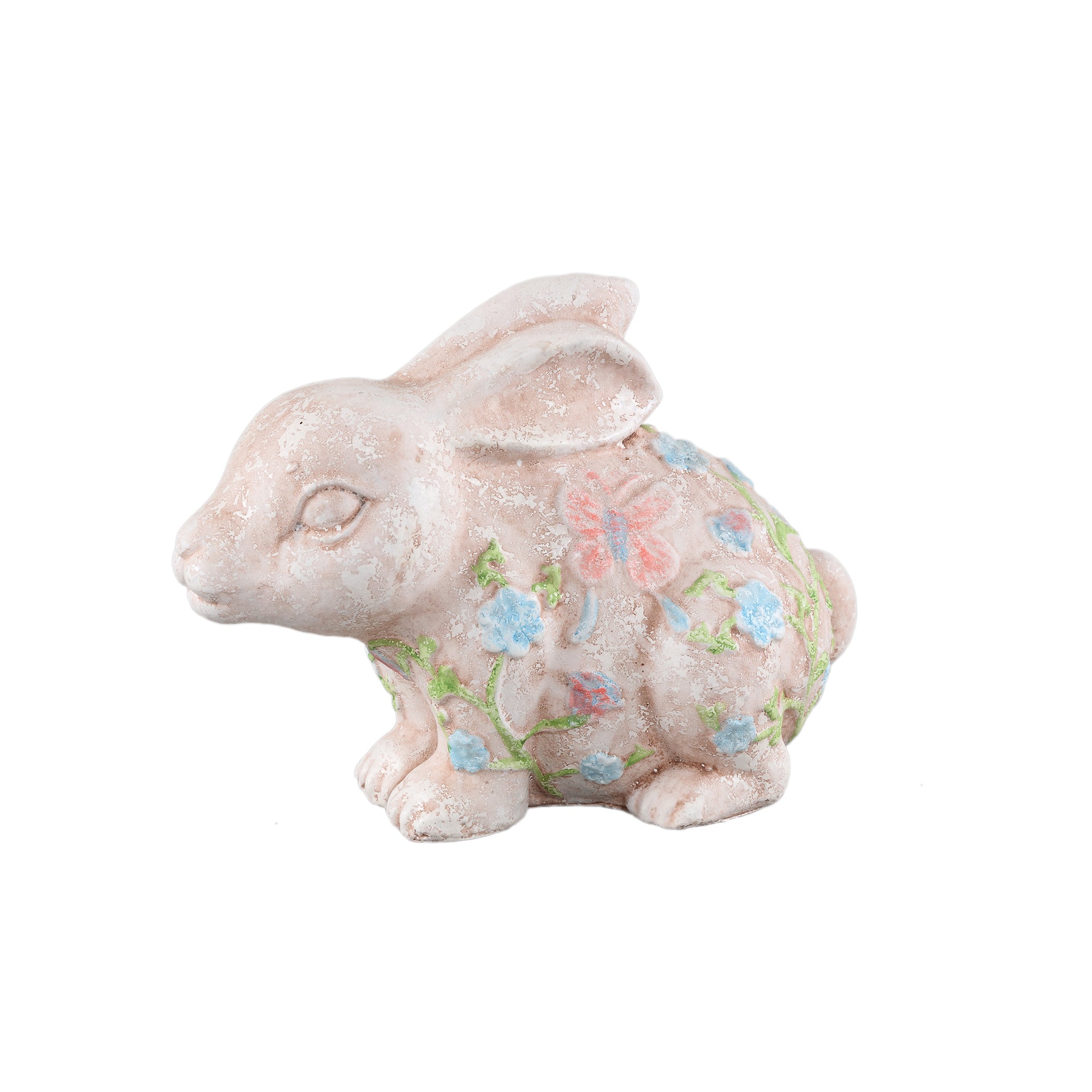 Zanya Cream rabbit shaped cement statue w flowersL